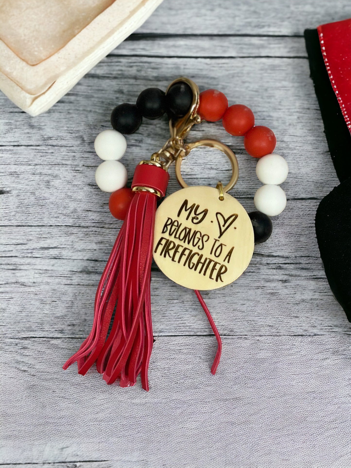 Personalized My Heart Belongs to A Firefighter Beaded Wristlet Keychain | Firefighter Wife Gift | Firefighter Mom | Thin Red Line