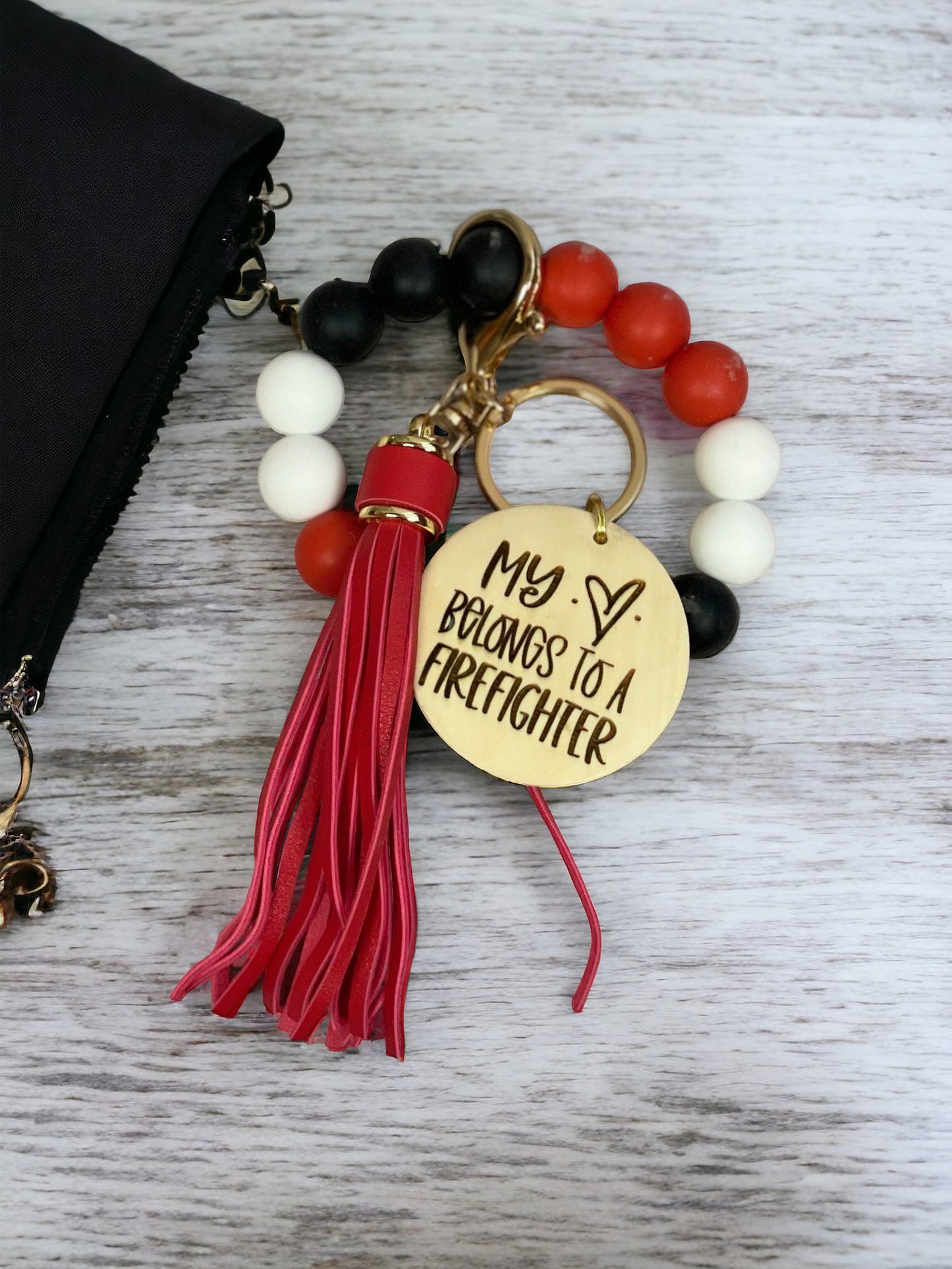 Personalized My Heart Belongs to A Firefighter Beaded Wristlet Keychain | Firefighter Wife Gift | Firefighter Mom | Thin Red Line