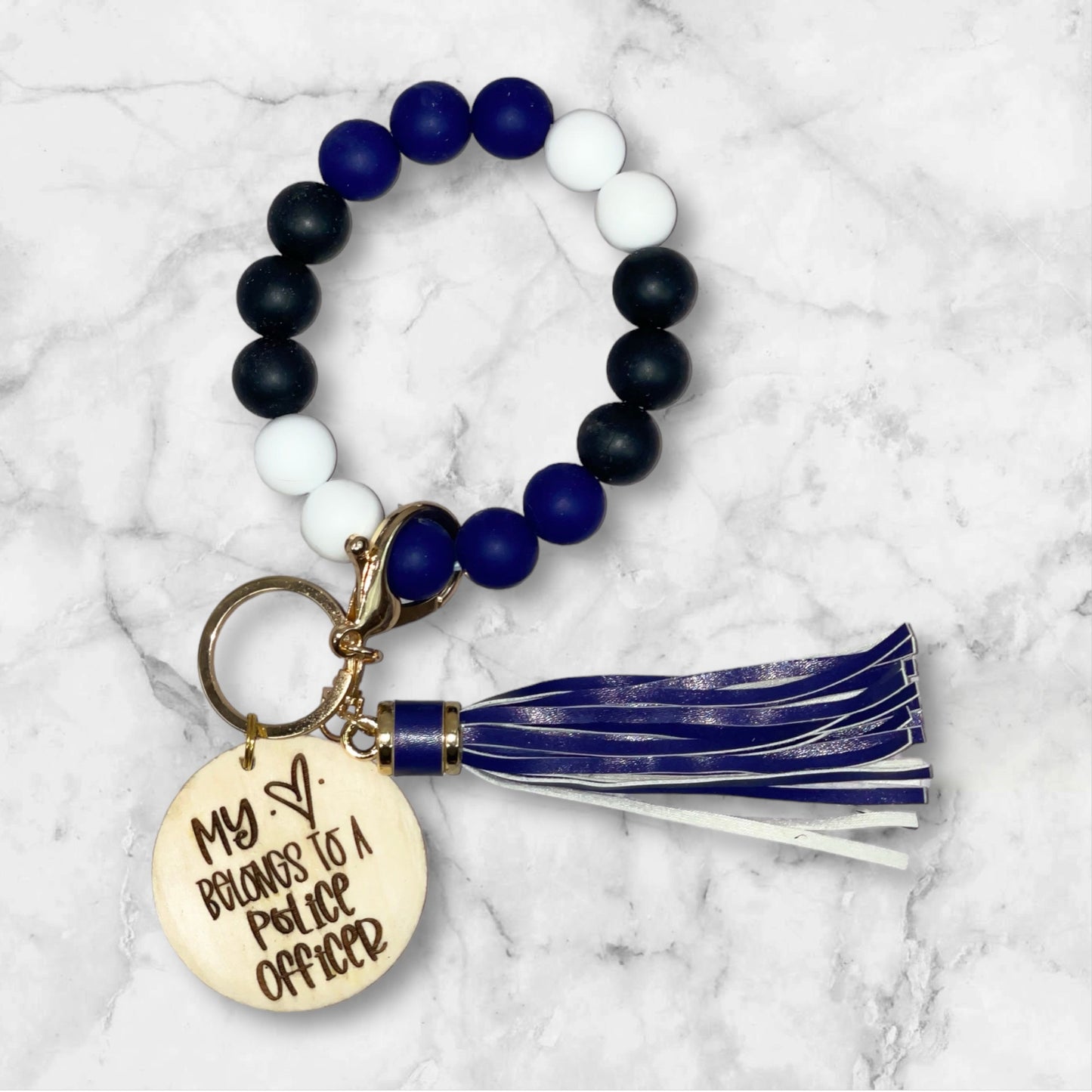 Personalized My Heart Belongs to A Police Officer Beaded Wristlet Keychain | Police Wife Gift | Police Mom | Thin Blue Line