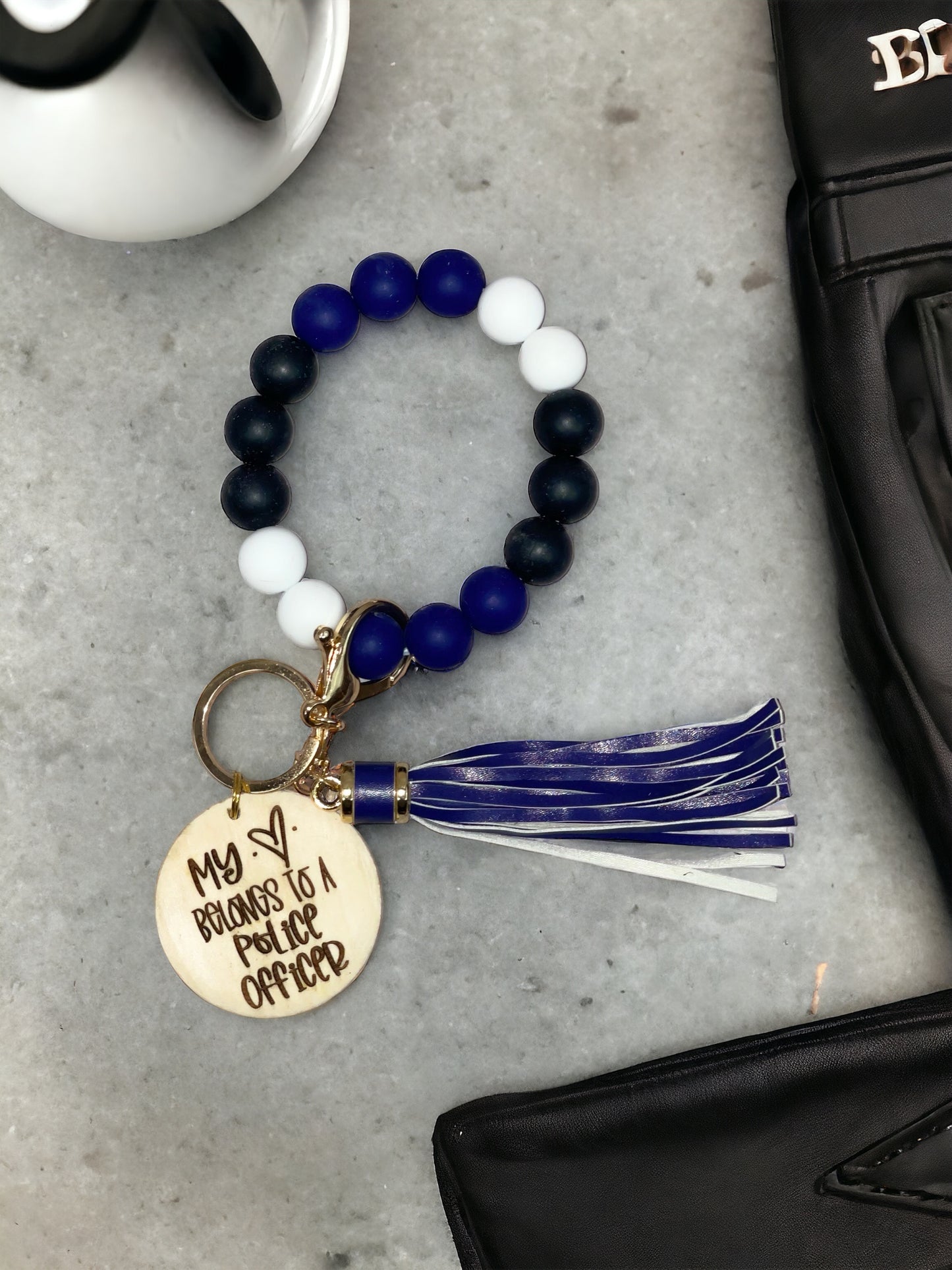 Personalized My Heart Belongs to A Police Officer Beaded Wristlet Keychain | Police Wife Gift | Police Mom | Thin Blue Line
