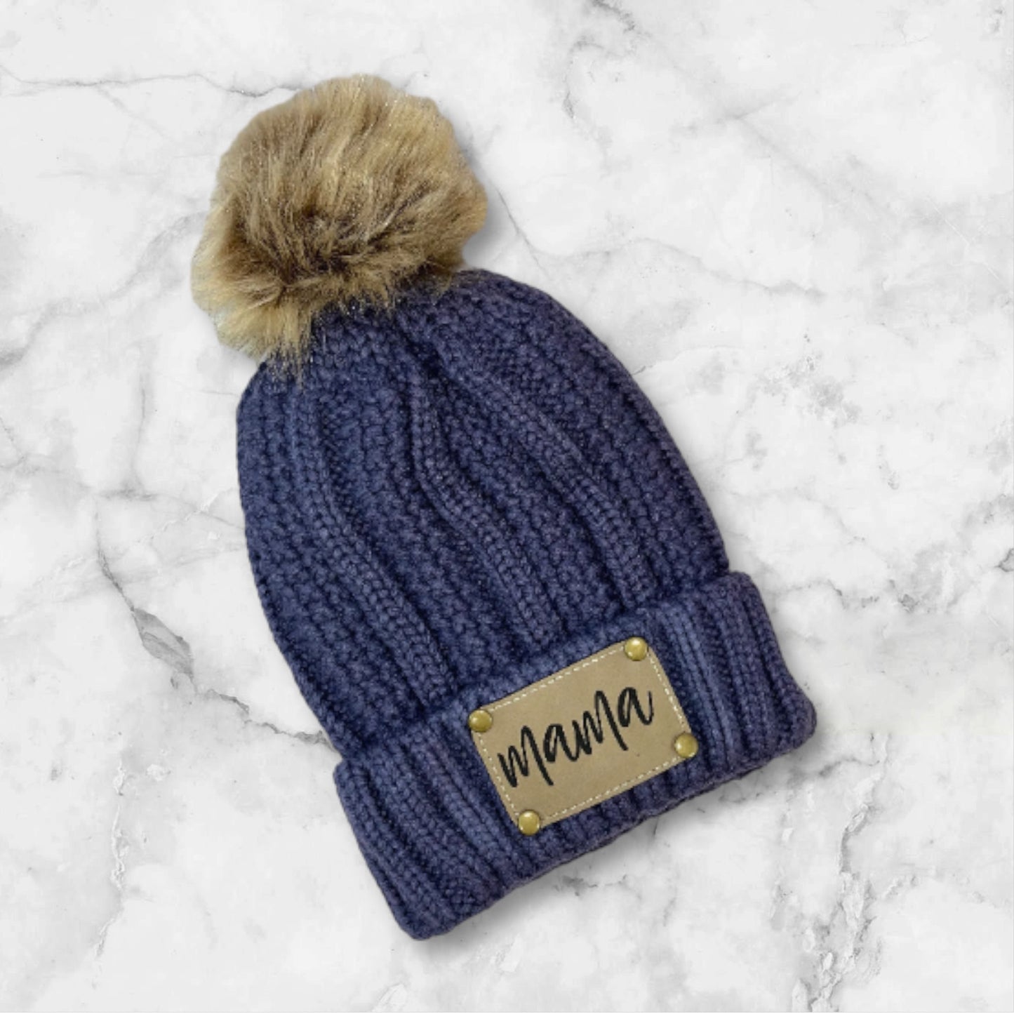 Dark Gray Personalized Leather Patch Stocking Hat I Leather Patch Beanie I Leather Patch Ladies Winter Hat I Personalized Hat
