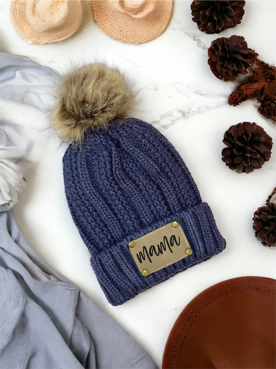 Dark Gray Personalized Leather Patch Stocking Hat I Leather Patch Beanie I Leather Patch Ladies Winter Hat I Personalized Hat