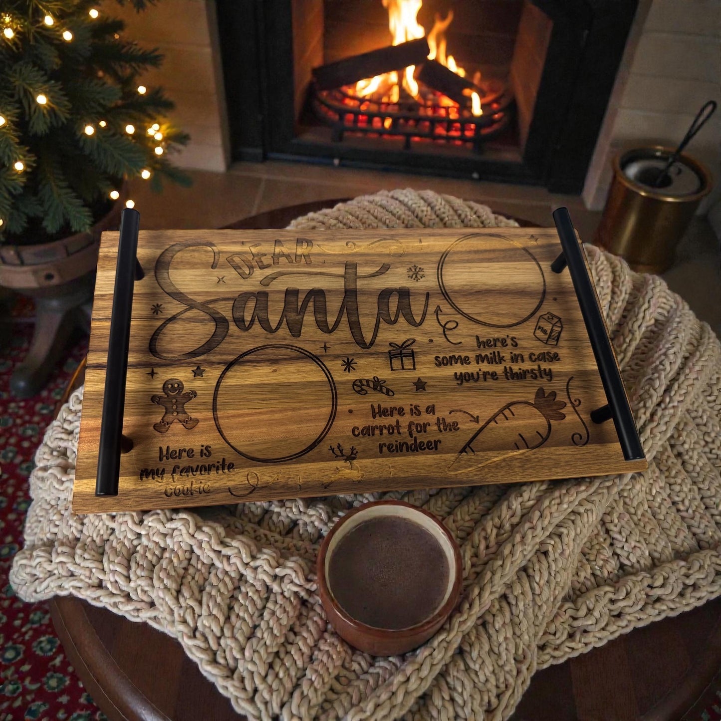 Wooden Santa treat board with metal handles and engraved holiday design