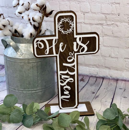 Easter Cross Laser Cut Decor | Religious Easter Decor | Easter Mantel Decor | Laser Cut Easter | Easter Centerpiece | He is Risen Cross