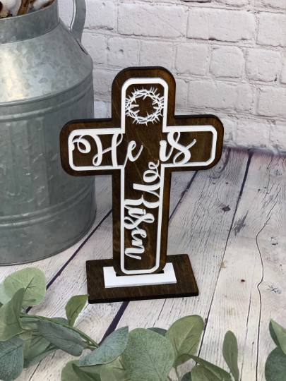 Easter Cross Laser Cut Decor | Religious Easter Decor | Easter Mantel Decor | Laser Cut Easter | Easter Centerpiece | He is Risen Cross