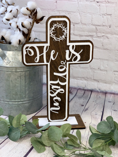 Easter Cross Laser Cut Decor | Religious Easter Decor | Easter Mantel Decor | Laser Cut Easter | Easter Centerpiece | He is Risen Cross