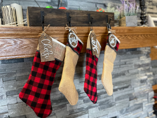Burlap Christmas Stocking | White Muslin Christmas Stocking | Rustic Christmas Decor | Buffalo Plaid Christmas Stockings | Christmas Mantel