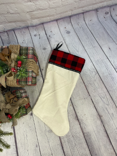 Burlap Christmas Stocking | White Muslin Christmas Stocking | Rustic Christmas Decor | Buffalo Plaid Christmas Stockings | Christmas Mantel