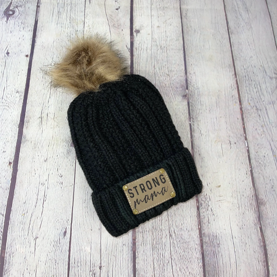 Black Personalized Leather Patch Stocking Hat I Leather Patch Beanie I Leather Patch Ladies Winter Hat I Personalized Hat
