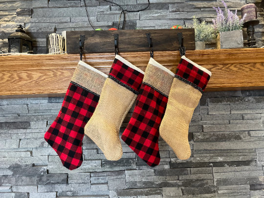Burlap Christmas Stocking | White Muslin Christmas Stocking | Rustic Christmas Decor | Buffalo Plaid Christmas Stockings | Christmas Mantel