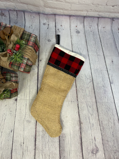 Burlap Christmas Stocking | White Muslin Christmas Stocking | Rustic Christmas Decor | Buffalo Plaid Christmas Stockings | Christmas Mantel