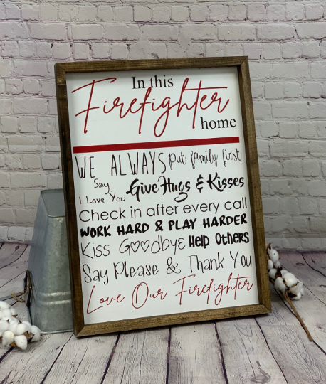 In This Firefighter Home | Farmhouse Sign | Firefighter Gift | Firefighter Decor | Fireman Sign | Gifts for Him| Thin Red Line Sign