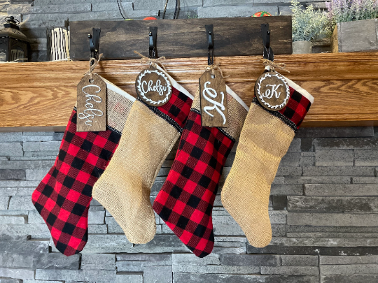 Burlap Christmas Stocking | White Muslin Christmas Stocking | Rustic Christmas Decor | Buffalo Plaid Christmas Stockings | Christmas Mantel