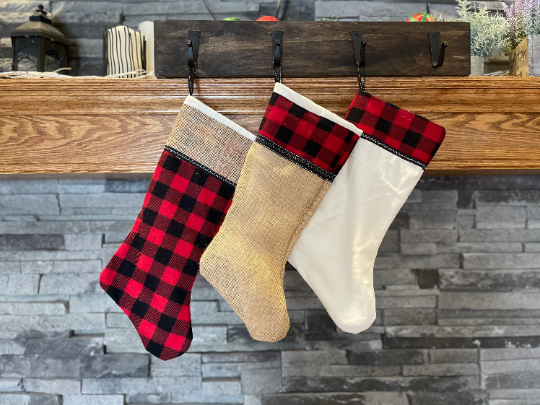 Burlap Christmas Stocking | White Muslin Christmas Stocking | Rustic Christmas Decor | Buffalo Plaid Christmas Stockings | Christmas Mantel