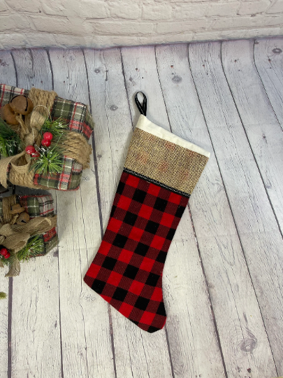 Burlap Christmas Stocking | White Muslin Christmas Stocking | Rustic Christmas Decor | Buffalo Plaid Christmas Stockings | Christmas Mantel