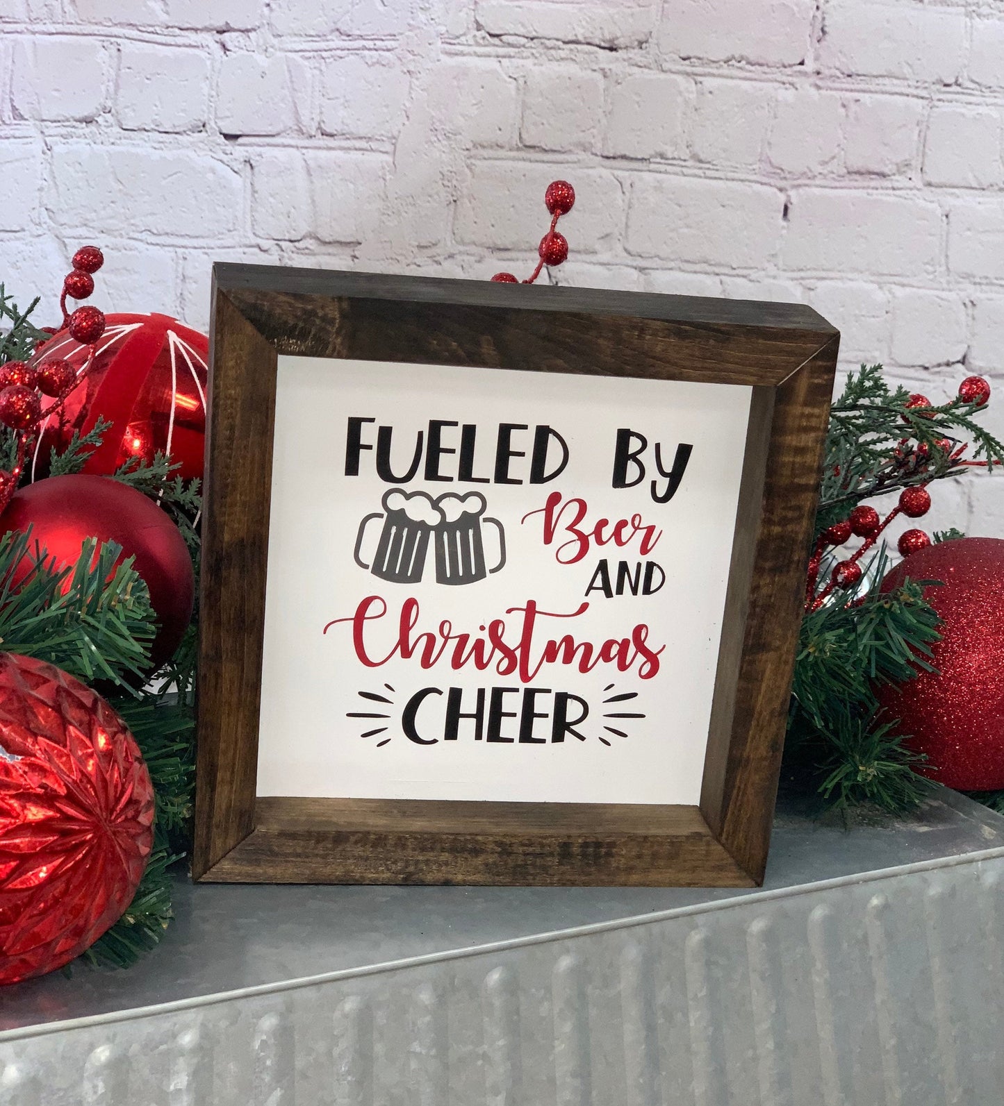 Fueled By Beer and Christmas Cheer Mini Farmhouse Sign | Funny Christmas Decor | Beer Signs | Beer Gift