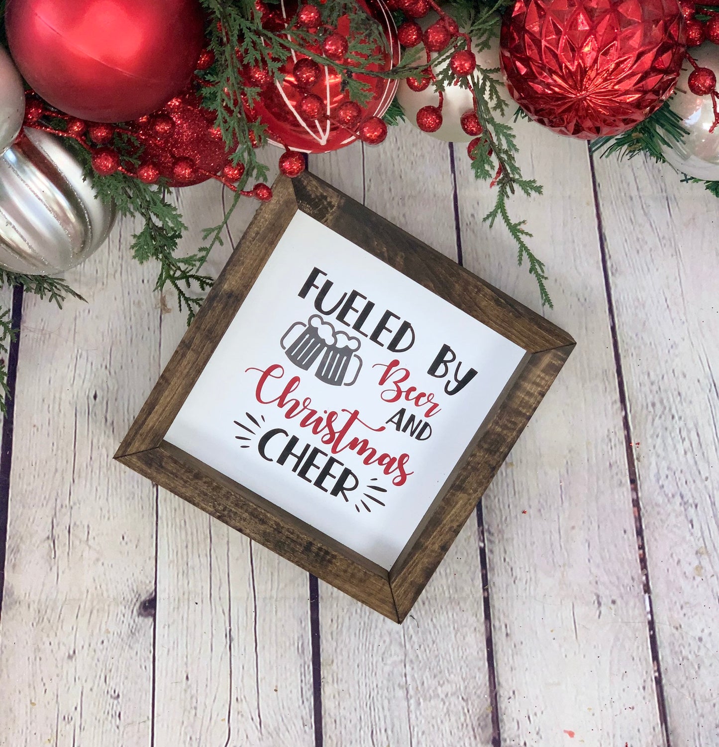 Fueled By Beer and Christmas Cheer Mini Farmhouse Sign | Funny Christmas Decor | Beer Signs | Beer Gift