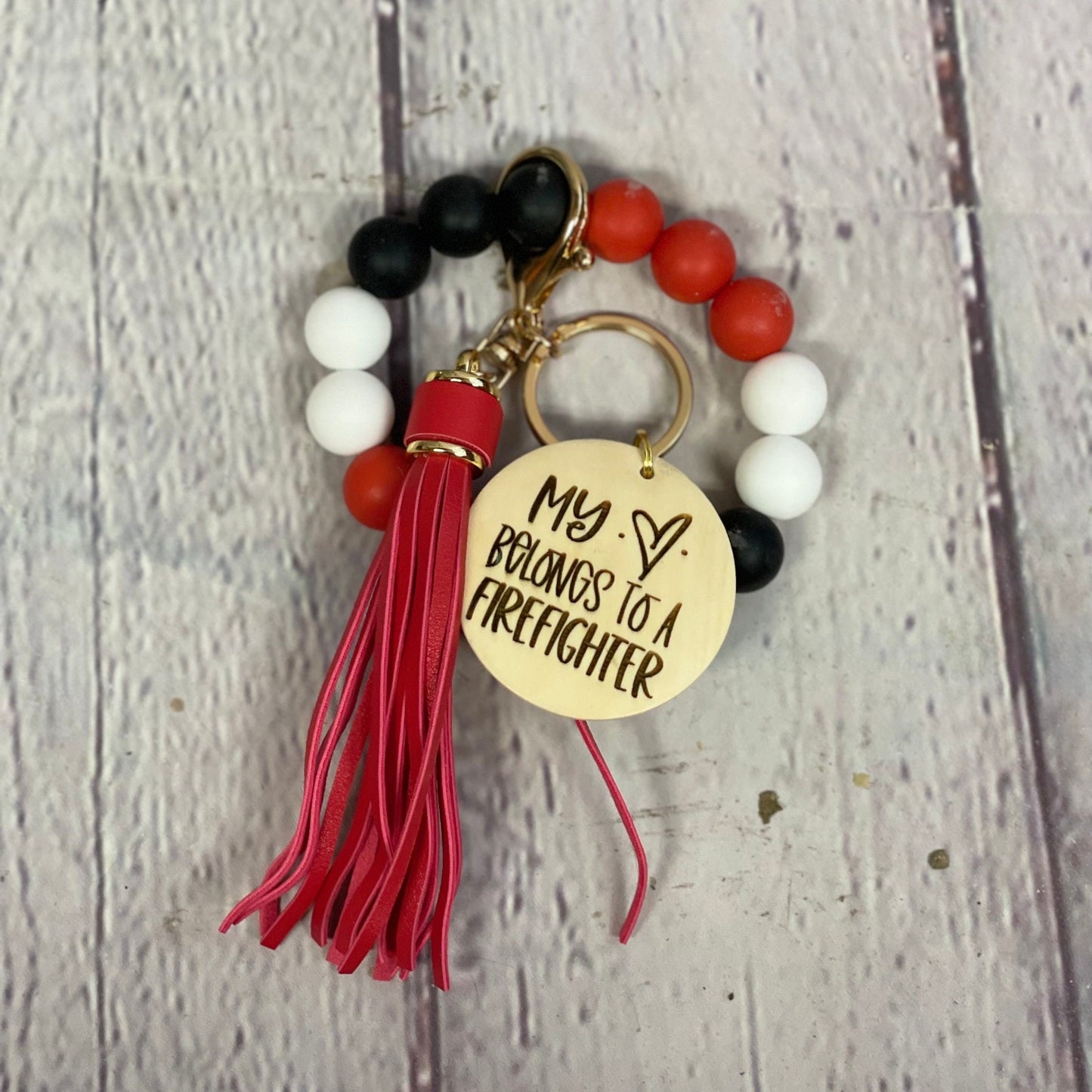 Personalized My Heart Belongs to A Firefighter Beaded Wristlet Keychain | Firefighter Wife Gift | Firefighter Mom | Thin Red Line