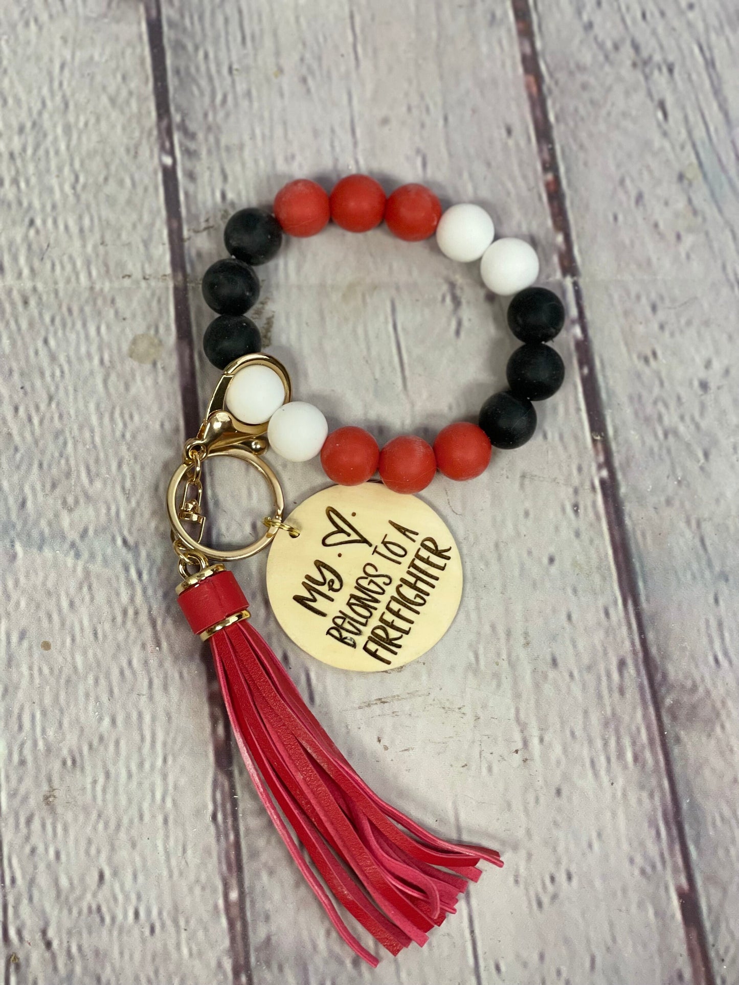 Personalized My Heart Belongs to A Firefighter Beaded Wristlet Keychain | Firefighter Wife Gift | Firefighter Mom | Thin Red Line