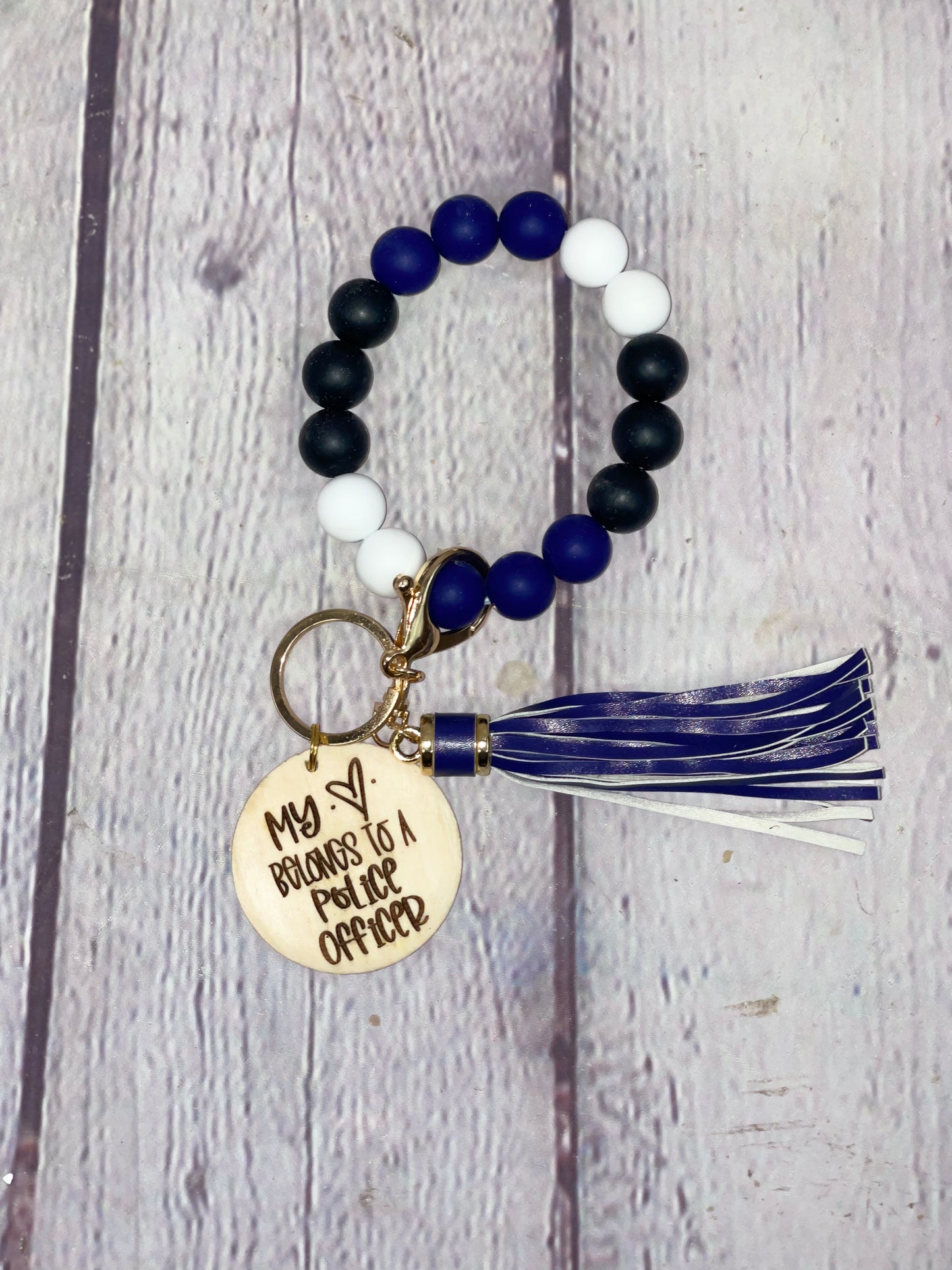 Personalized My Heart Belongs to A Police Officer Beaded Wristlet Keychain | Police Wife Gift | Police Mom | Thin Blue Line