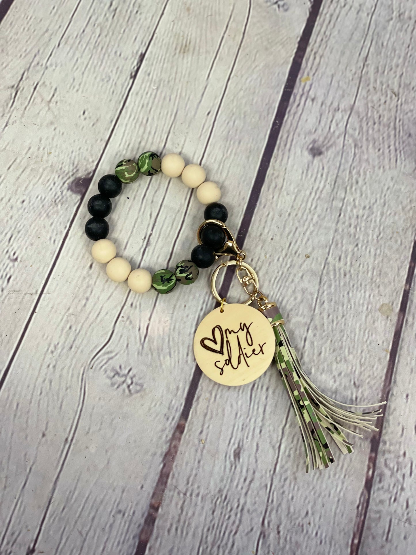 Personalized Love My Soldier Camo Beaded Wristlet Keychain | Military Mom | Solider Wife Gift | Military Wife Gift | Soldier Girlfriend Gift