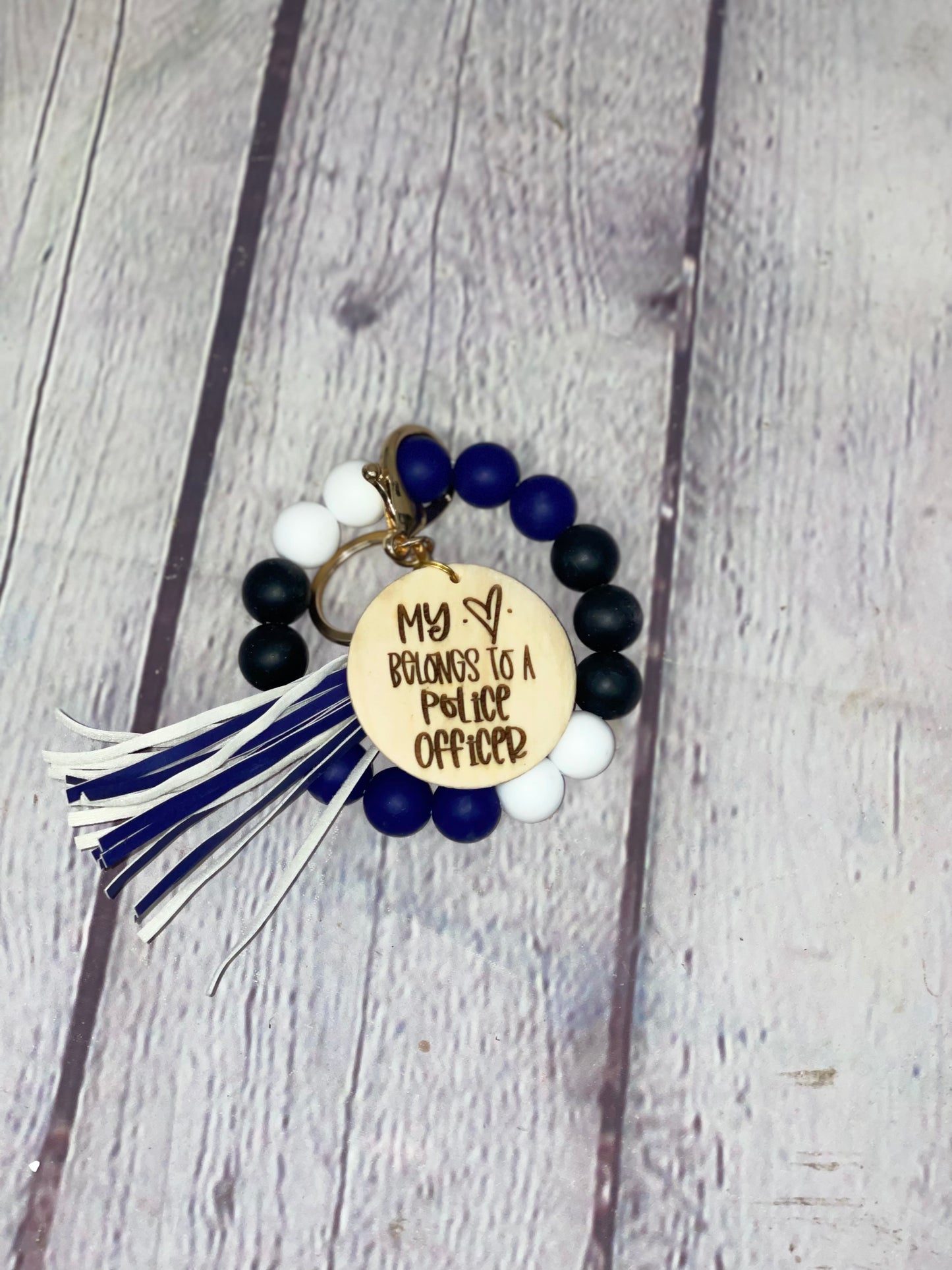 Personalized My Heart Belongs to A Police Officer Beaded Wristlet Keychain | Police Wife Gift | Police Mom | Thin Blue Line
