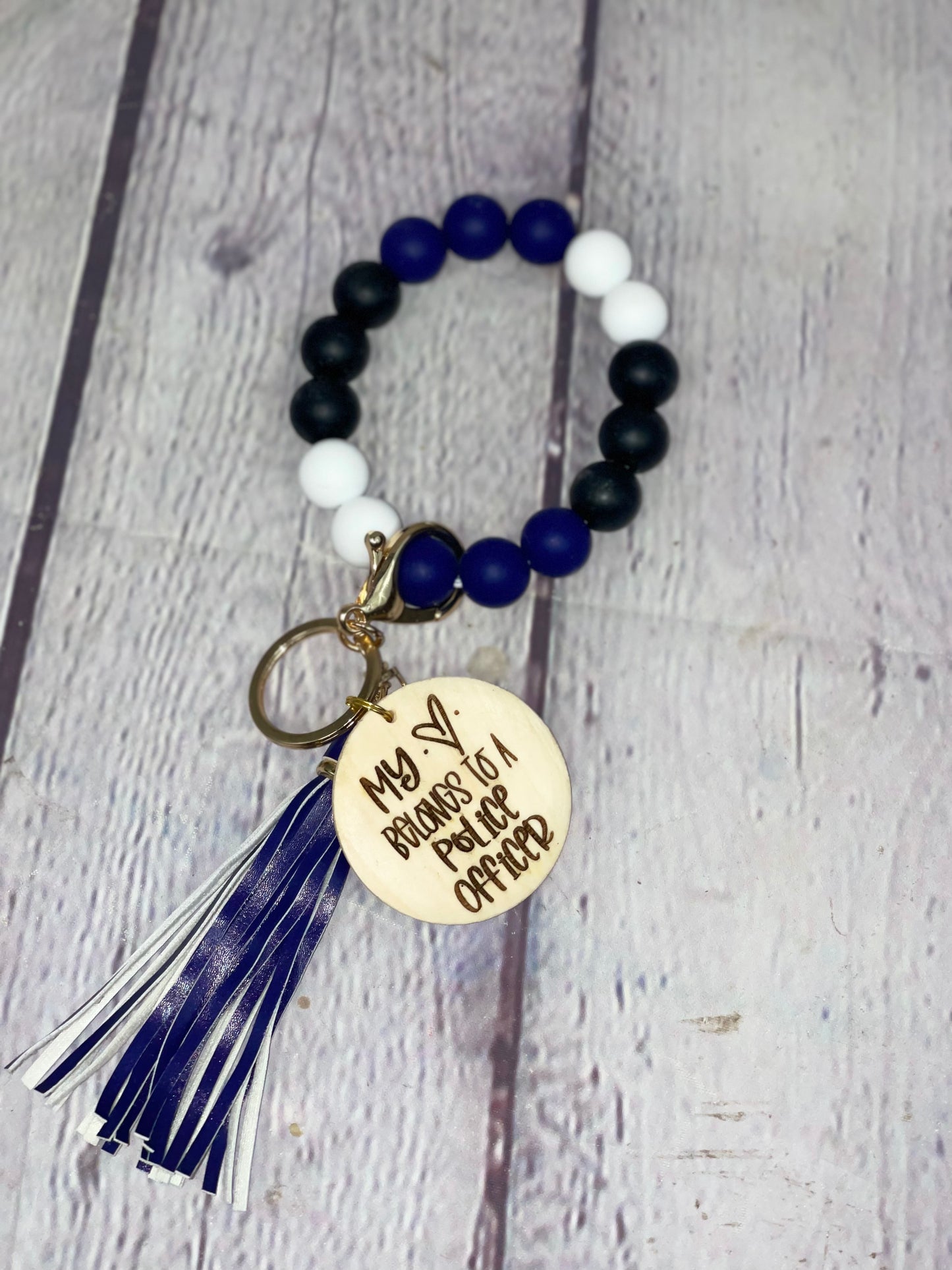 Personalized My Heart Belongs to A Police Officer Beaded Wristlet Keychain | Police Wife Gift | Police Mom | Thin Blue Line