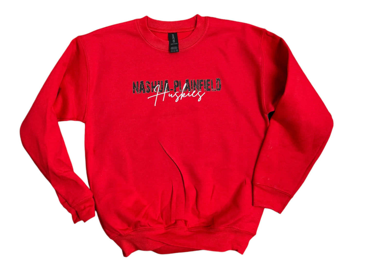 Nashua-Plainfield Huskies Adult Crew Neck Sweatshirt {Distressed Lettering}