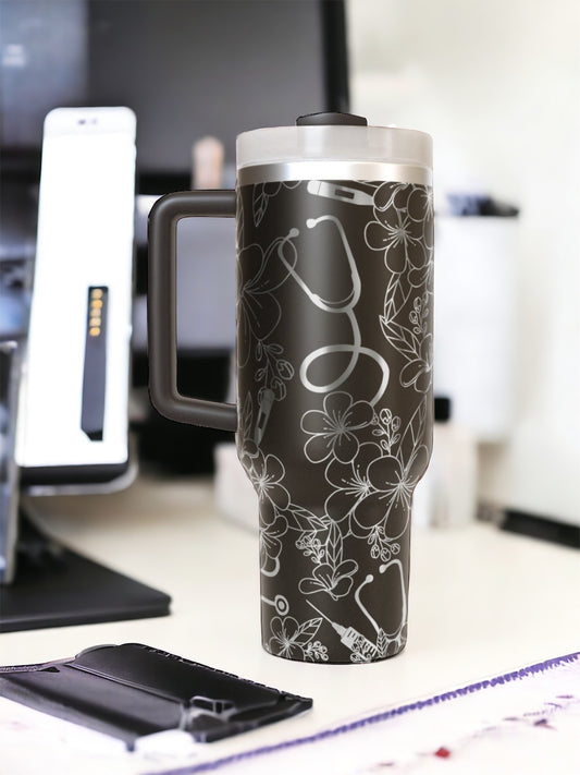 Nurse Floral Engraved Tumbler | 40 Ounce Tumbler | Nurse Water Bottle | Mothers Day Gift | Teen Gift | New Mom Gift