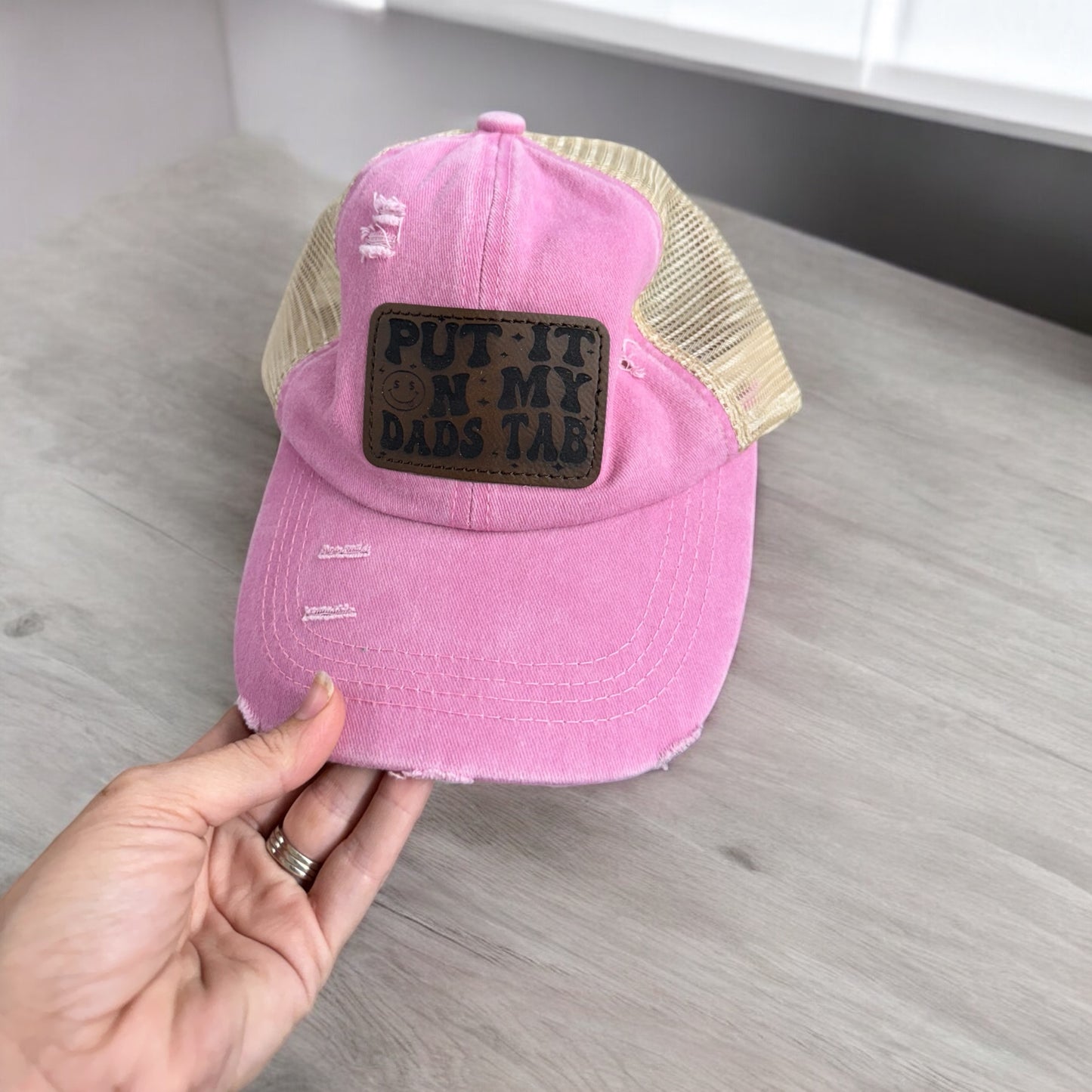 Put it on my dads tab Leather Patch Hat | Personalized Hat | Kids Apparel | Custom Logo Hat