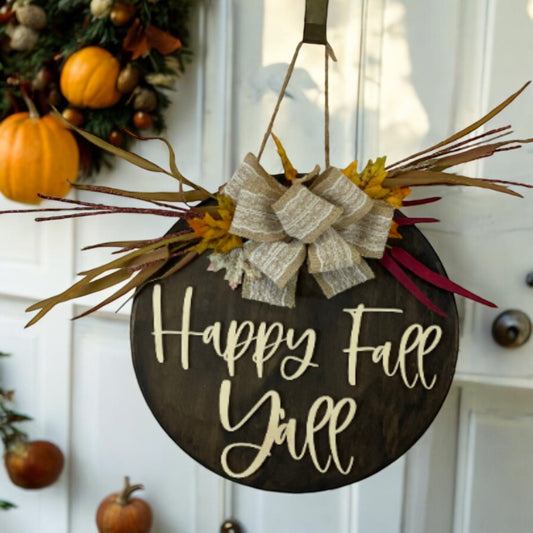 Happy Fall Y'all Front Door Sign | Fall Front Door Decor | Round Door Sign | Door Hanger | Fall Decor