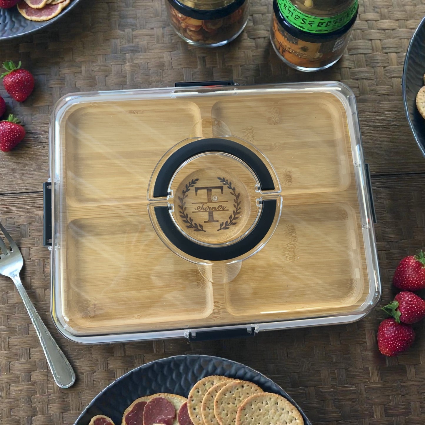Engraved Bamboo Snack Tray with Lid | Personalized Serving Tray | Monogram Charcuterie Dish | Wedding or Housewarming Gift