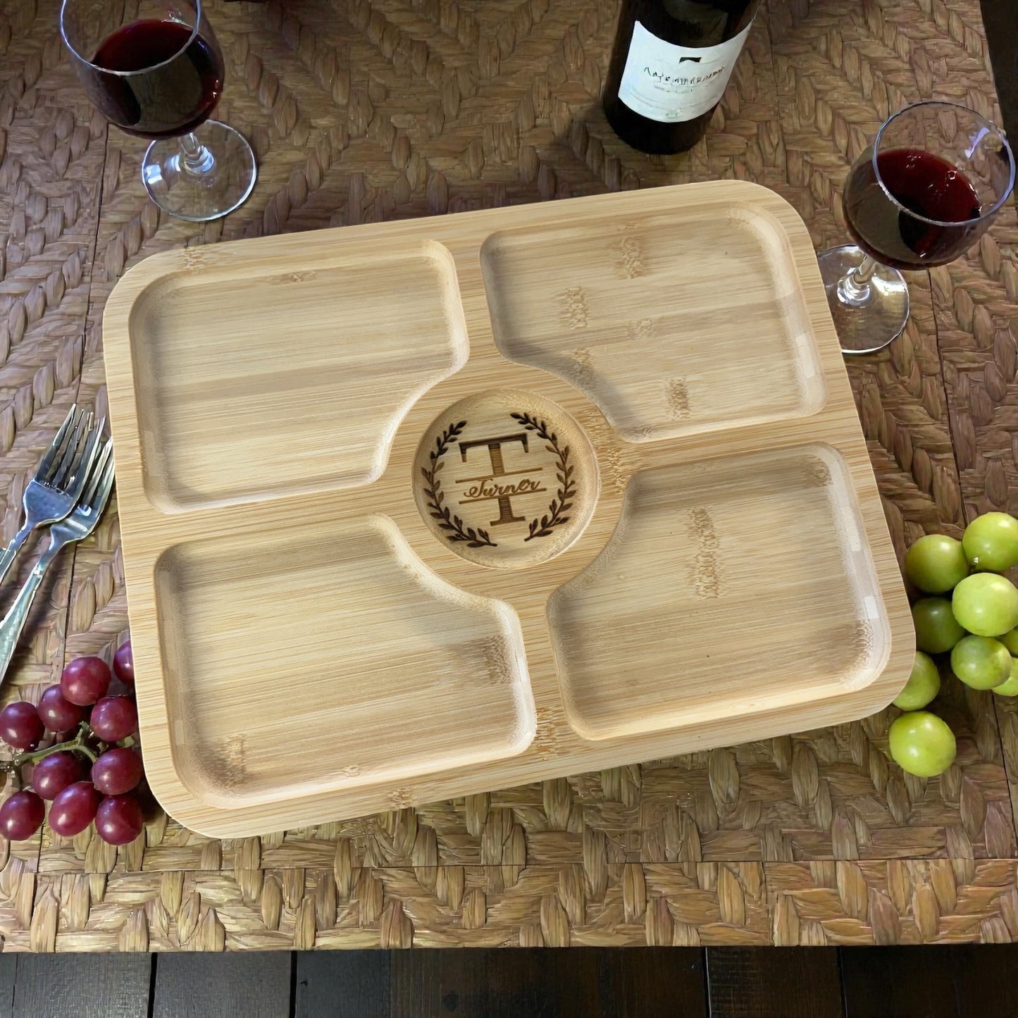 Engraved Bamboo Snack Tray with Lid | Personalized Serving Tray | Monogram Charcuterie Dish | Wedding or Housewarming Gift