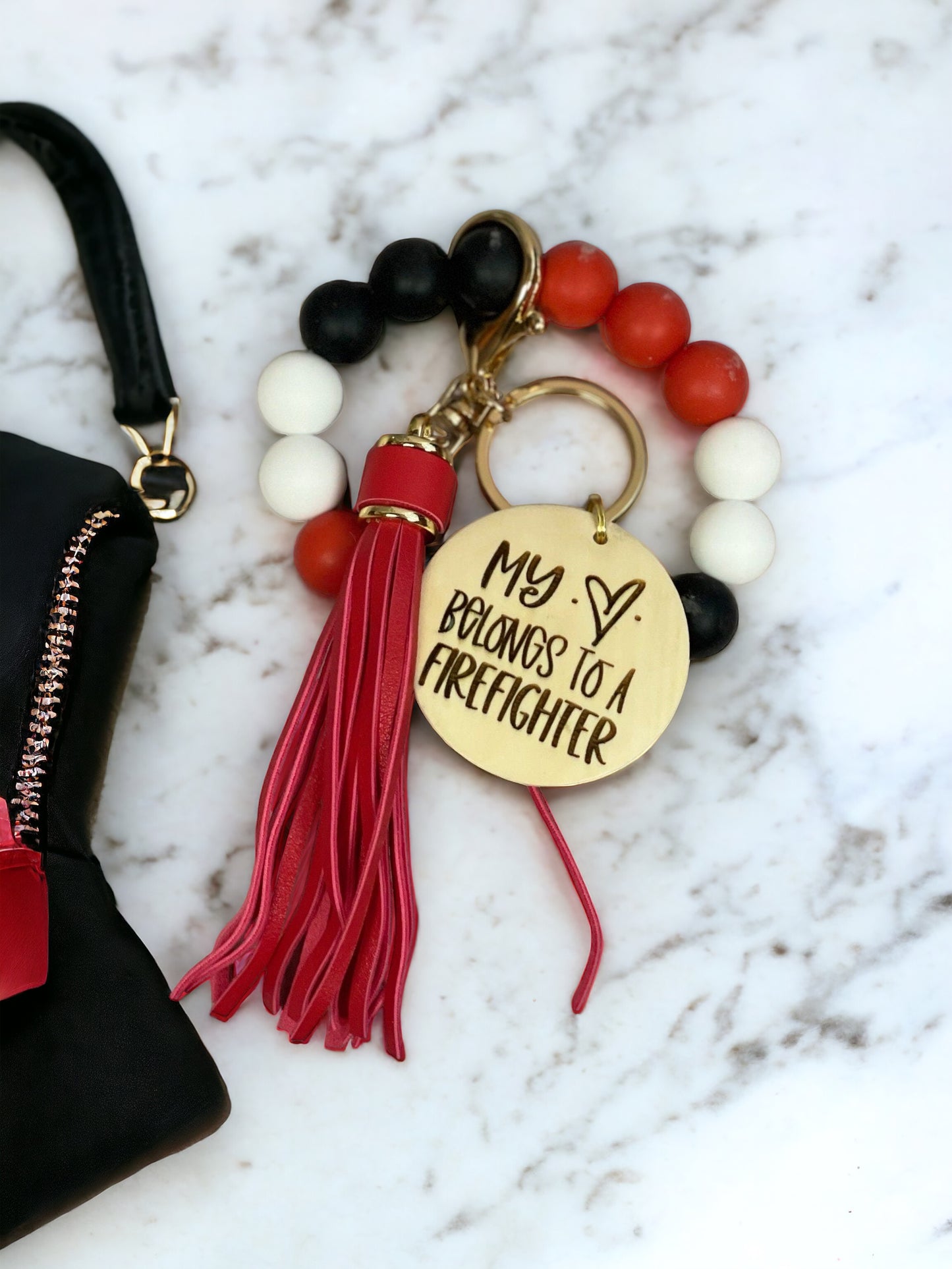 Personalized My Heart Belongs to A Firefighter Beaded Wristlet Keychain | Firefighter Wife Gift | Firefighter Mom | Thin Red Line