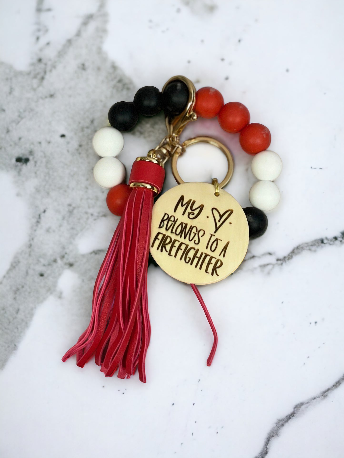 Personalized My Heart Belongs to A Firefighter Beaded Wristlet Keychain | Firefighter Wife Gift | Firefighter Mom | Thin Red Line
