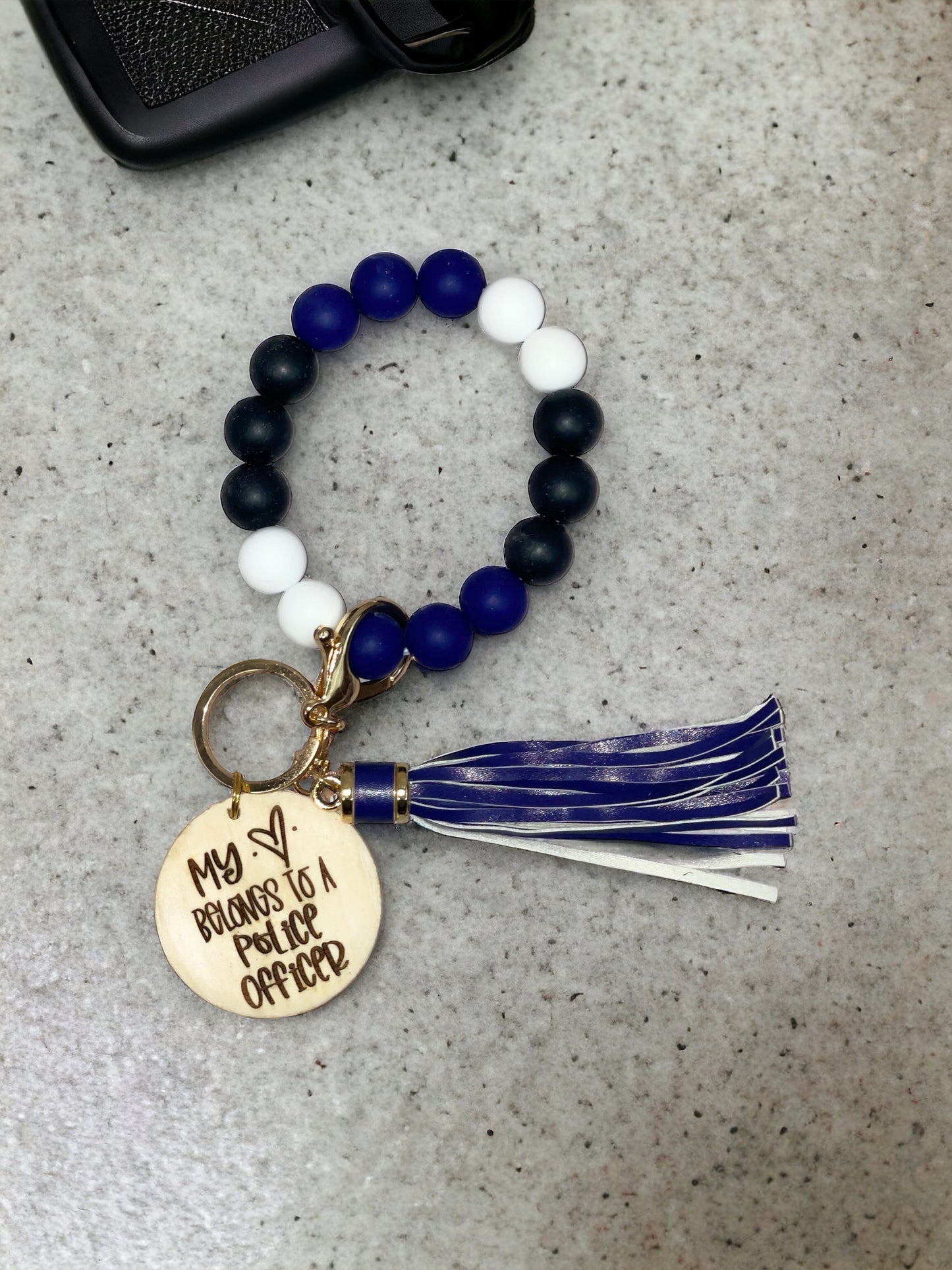 Personalized My Heart Belongs to A Police Officer Beaded Wristlet Keychain | Police Wife Gift | Police Mom | Thin Blue Line