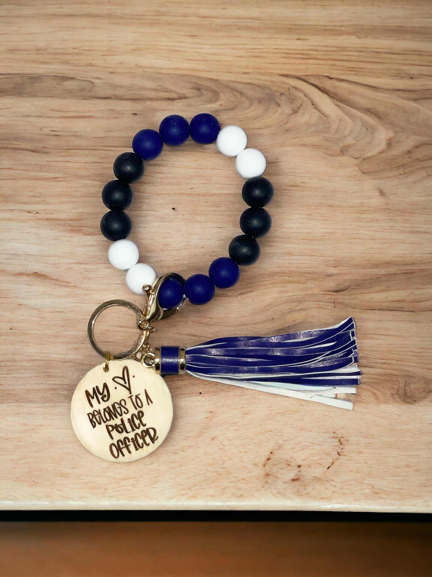 Personalized My Heart Belongs to A Police Officer Beaded Wristlet Keychain | Police Wife Gift | Police Mom | Thin Blue Line