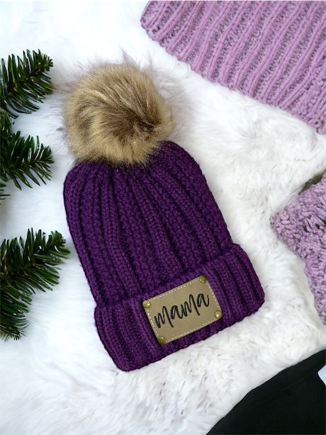 Purple Personalized Leather Patch Stocking Hat I Leather Patch Beanie I Leather Patch Ladies Winter Hat I Personalized Hat