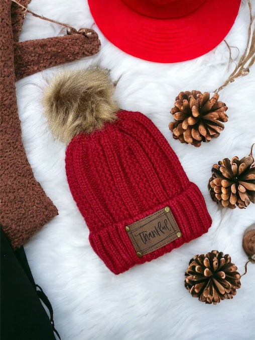 Dark Red Personalized Leather Patch Stocking Hat I Leather Patch Beanie I Leather Patch Ladies Winter Hat I Personalized Hat