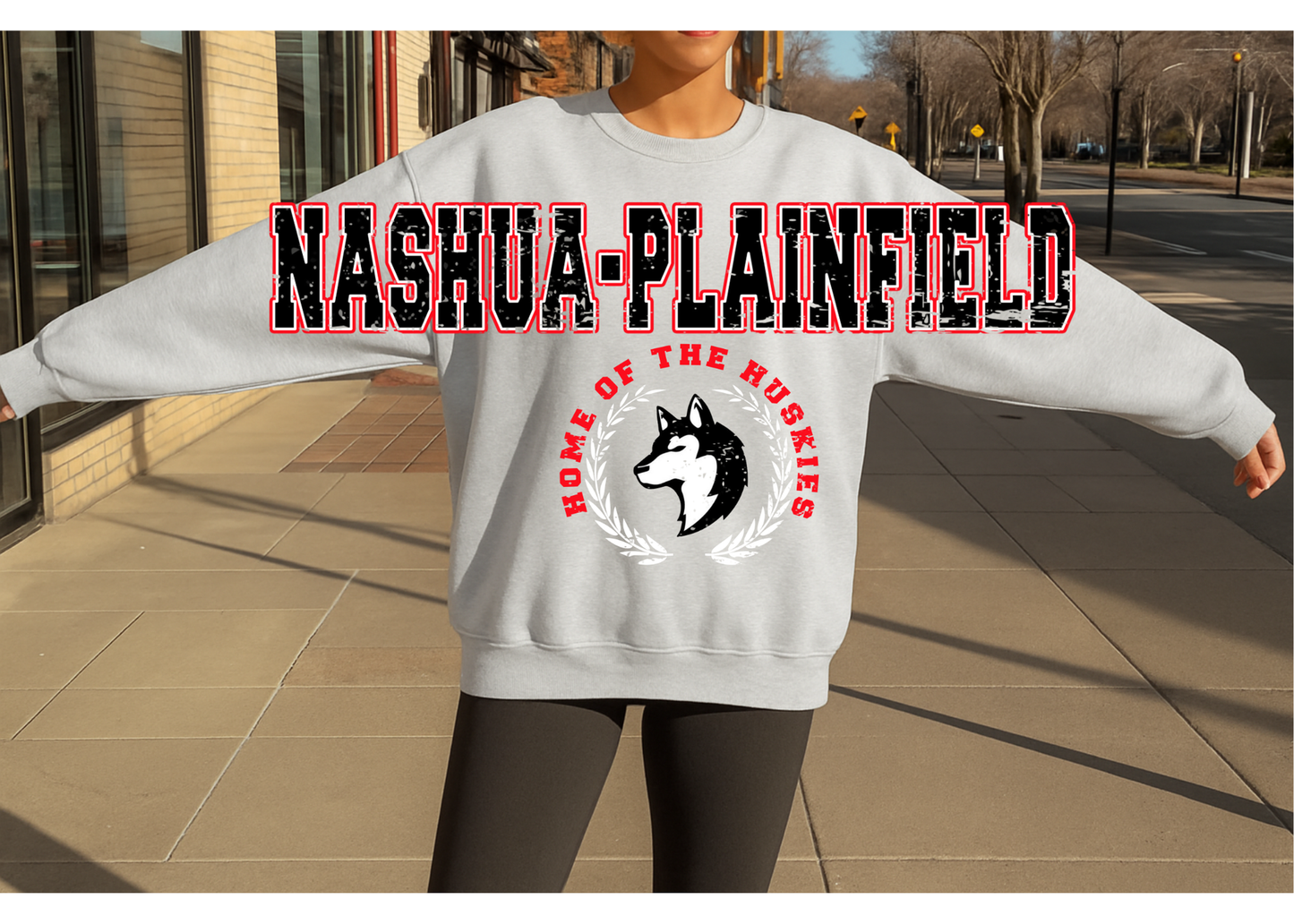 Nashua-Plainfield Huskies Sleeve-Print Crewneck – Light Gray