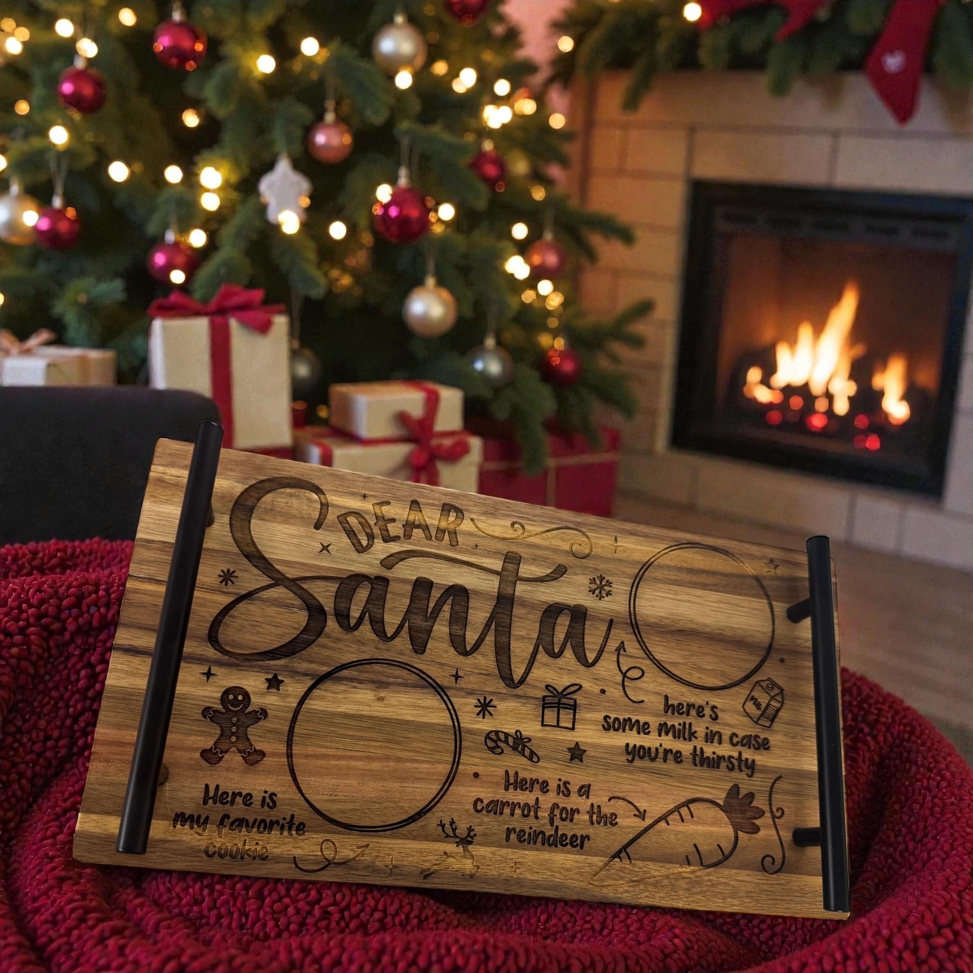 Santa cookie tray displayed with cookies, milk, and carrot for reindeer