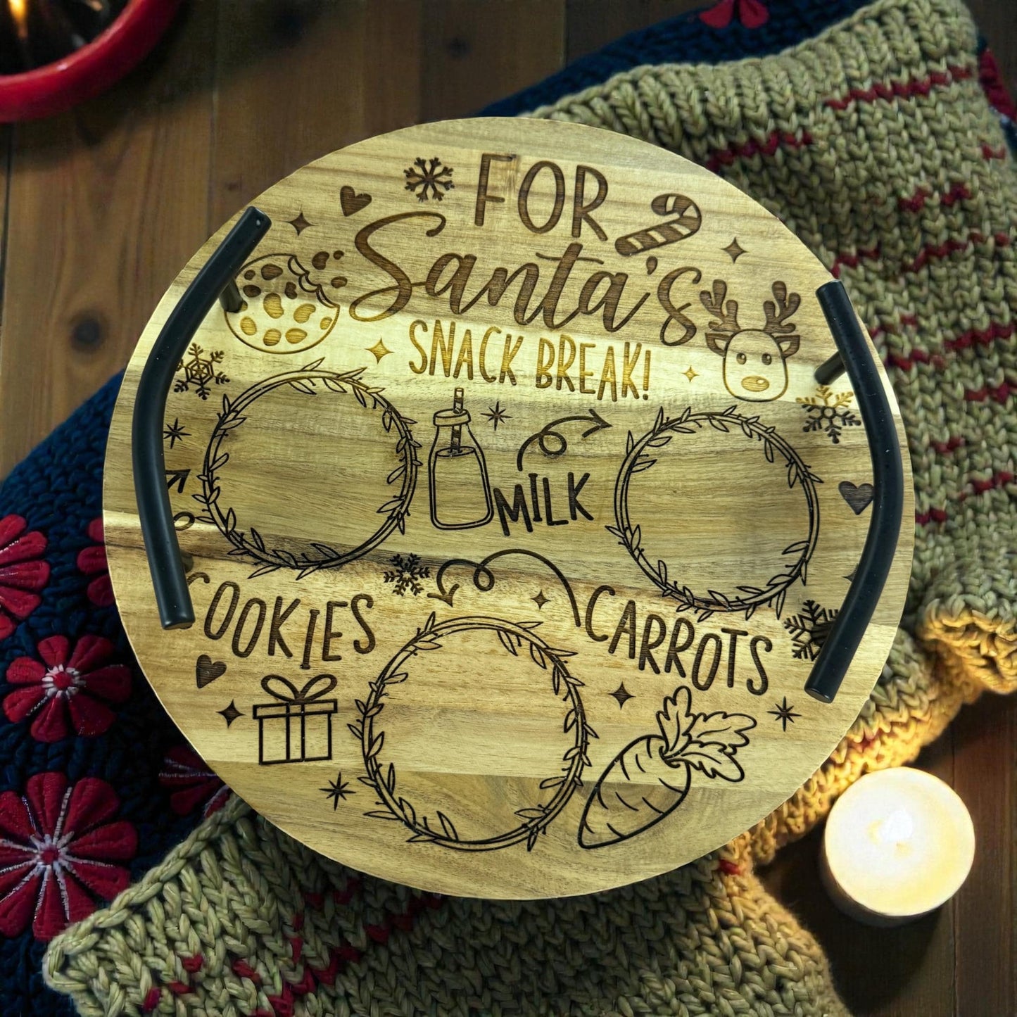 Santa snack tray displayed with cookies, milk, and carrot for reindeer