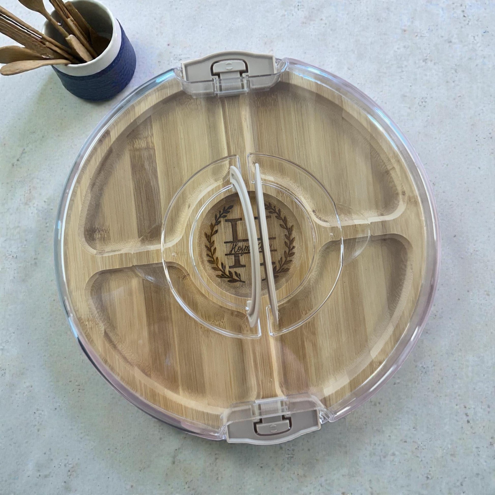 Engraved Bamboo Snack Tray with Lid | Personalized Serving Tray | Monogram Charcuterie Dish | Wedding or Housewarming Gift