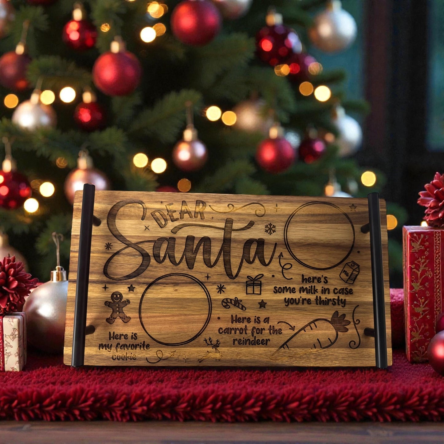 Engraved wooden Santa treat tray with labeled spots for cookies, milk, and carrot