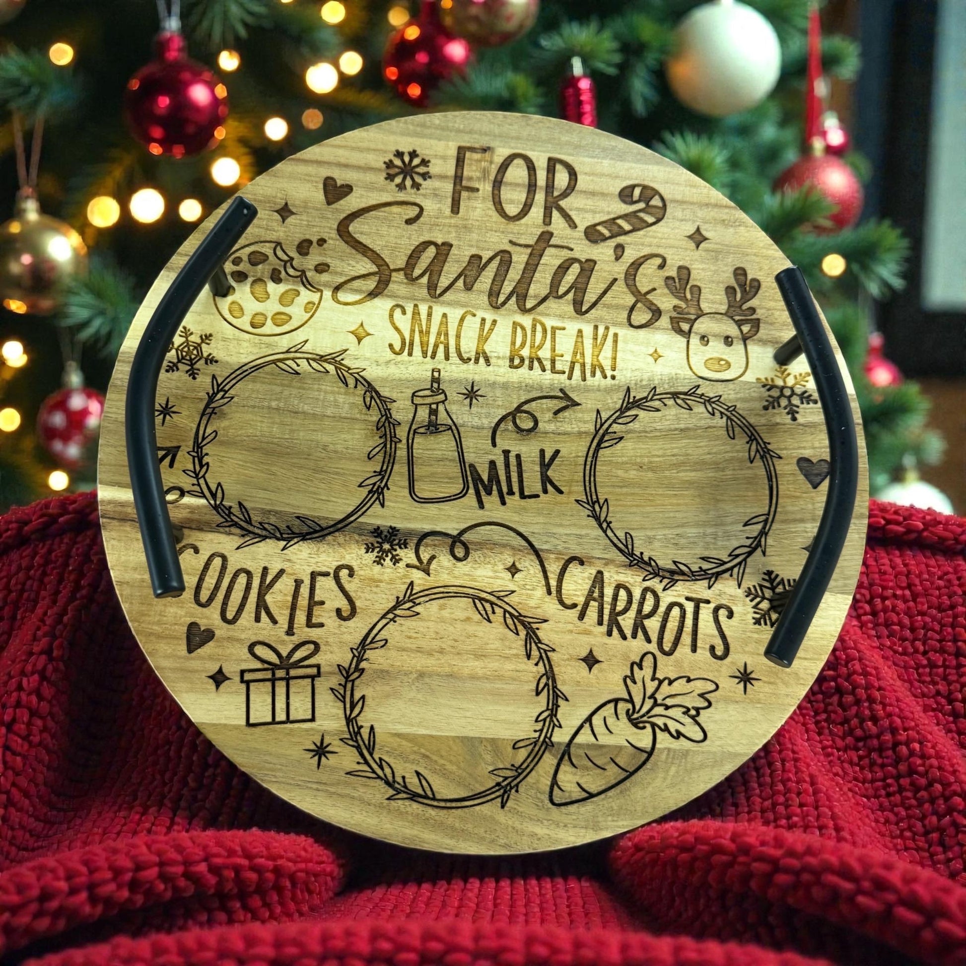 Engraved round Santa tray with cookies, milk, and carrot labels
