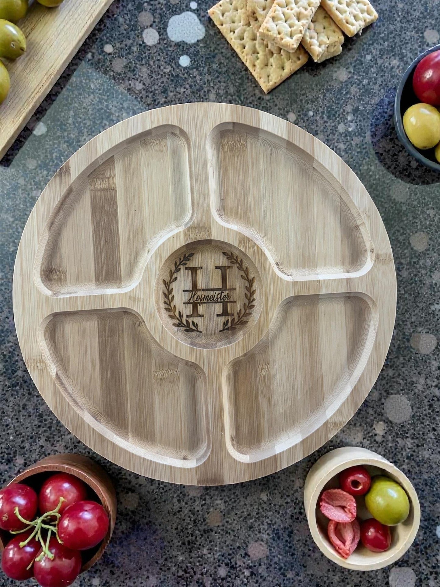 Engraved Bamboo Snack Tray with Lid | Personalized Serving Tray | Monogram Charcuterie Dish | Wedding or Housewarming Gift