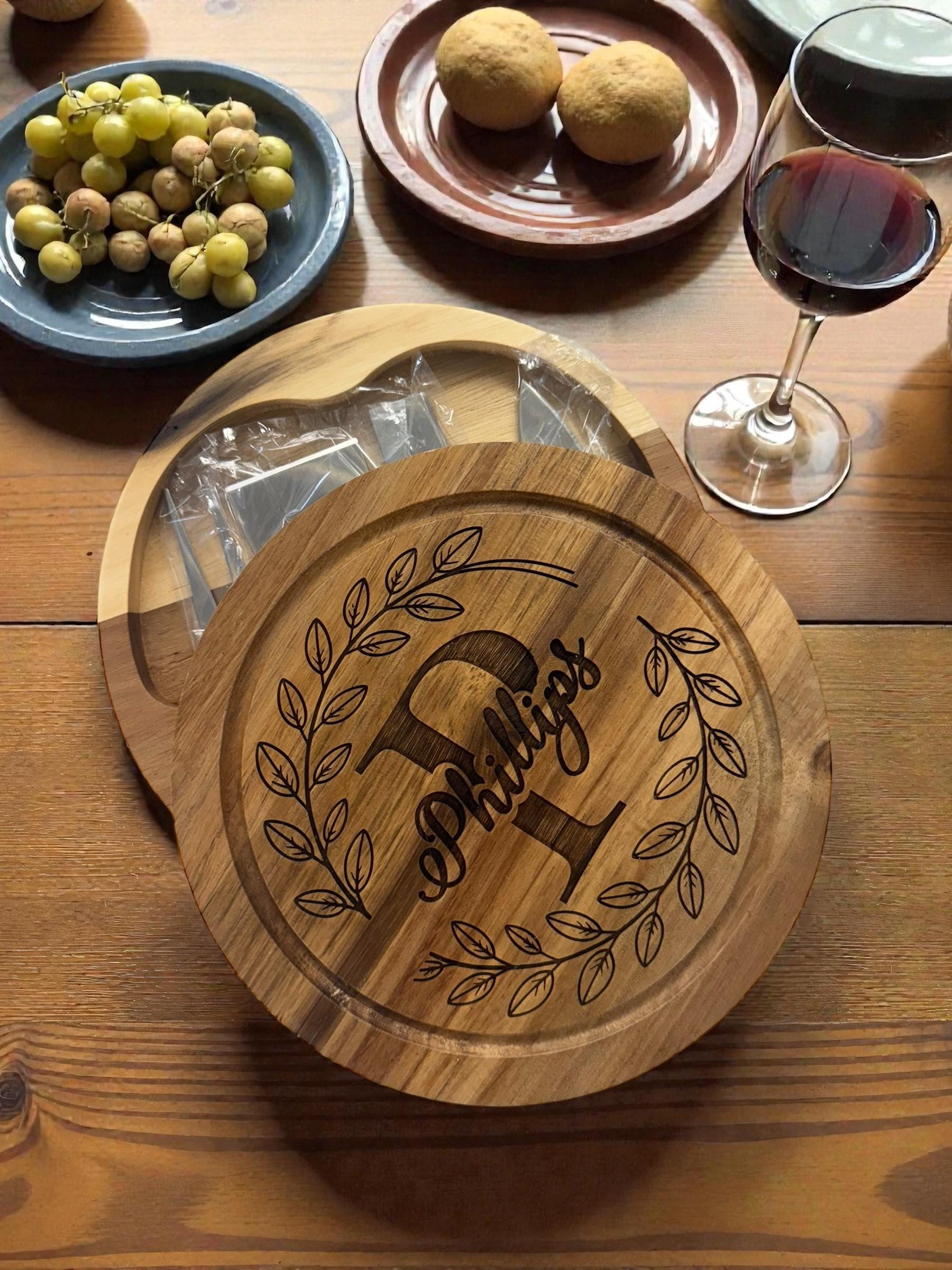 “Personalized charcuterie board gift made from acacia wood”