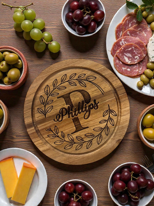“Personalized 8 inch acacia wood charcuterie board with engraved monogram”