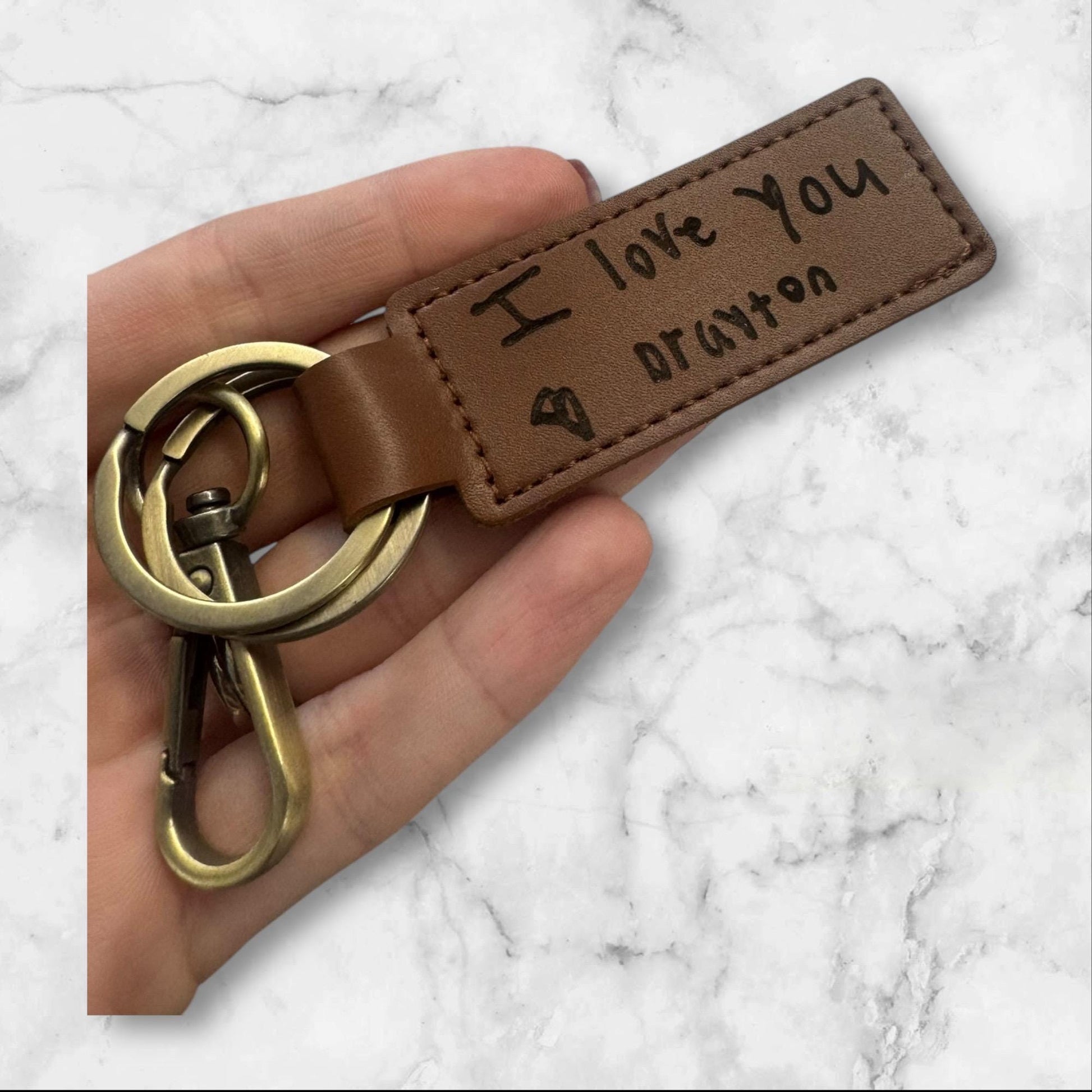 “Christmas stocking stuffer engraved leather handwriting keychain”