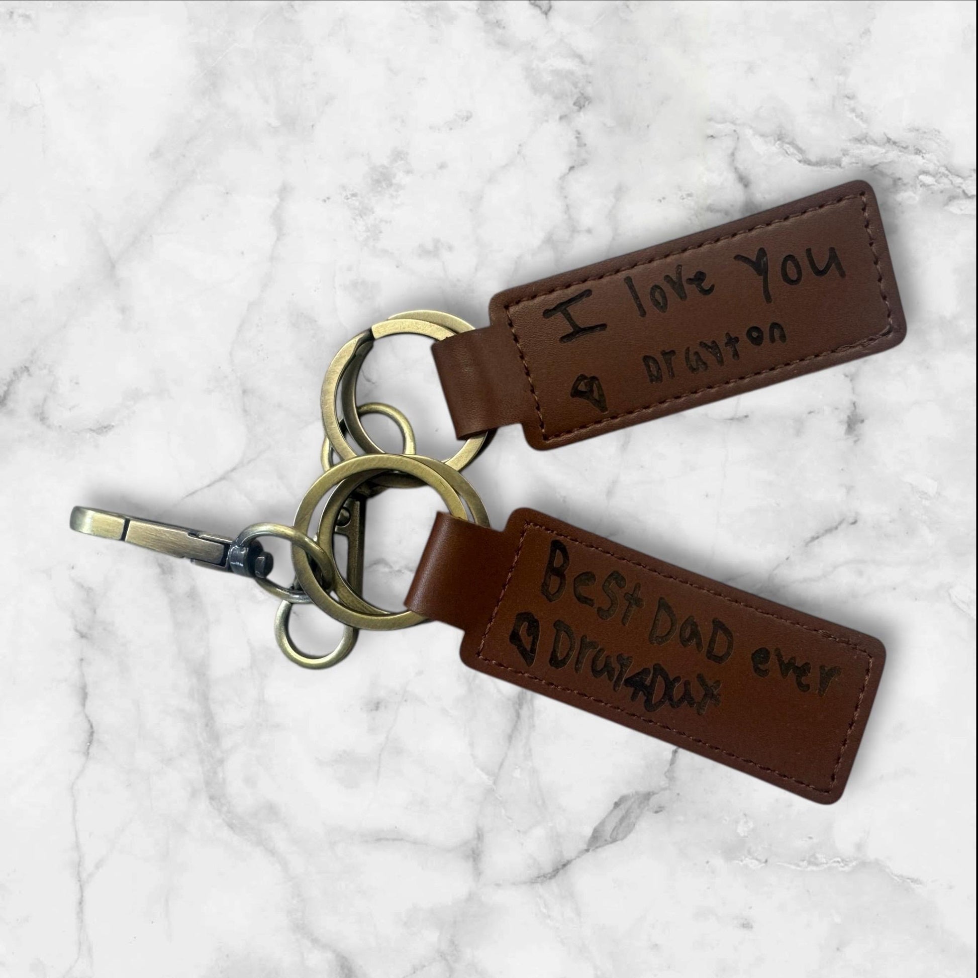 “Custom handwritten engraved leather keychain personalized keepsake gift”